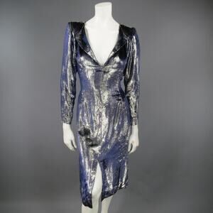 JEAN-LOUIS SCHERRER 2 Silver & Navy Metallic Velvet Long Sleeve Sheath Dress